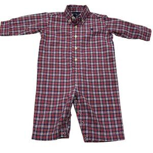 Ralph Lauren Red White & Blue Plaid Romper, Snaps, Cotton, 9 Mos